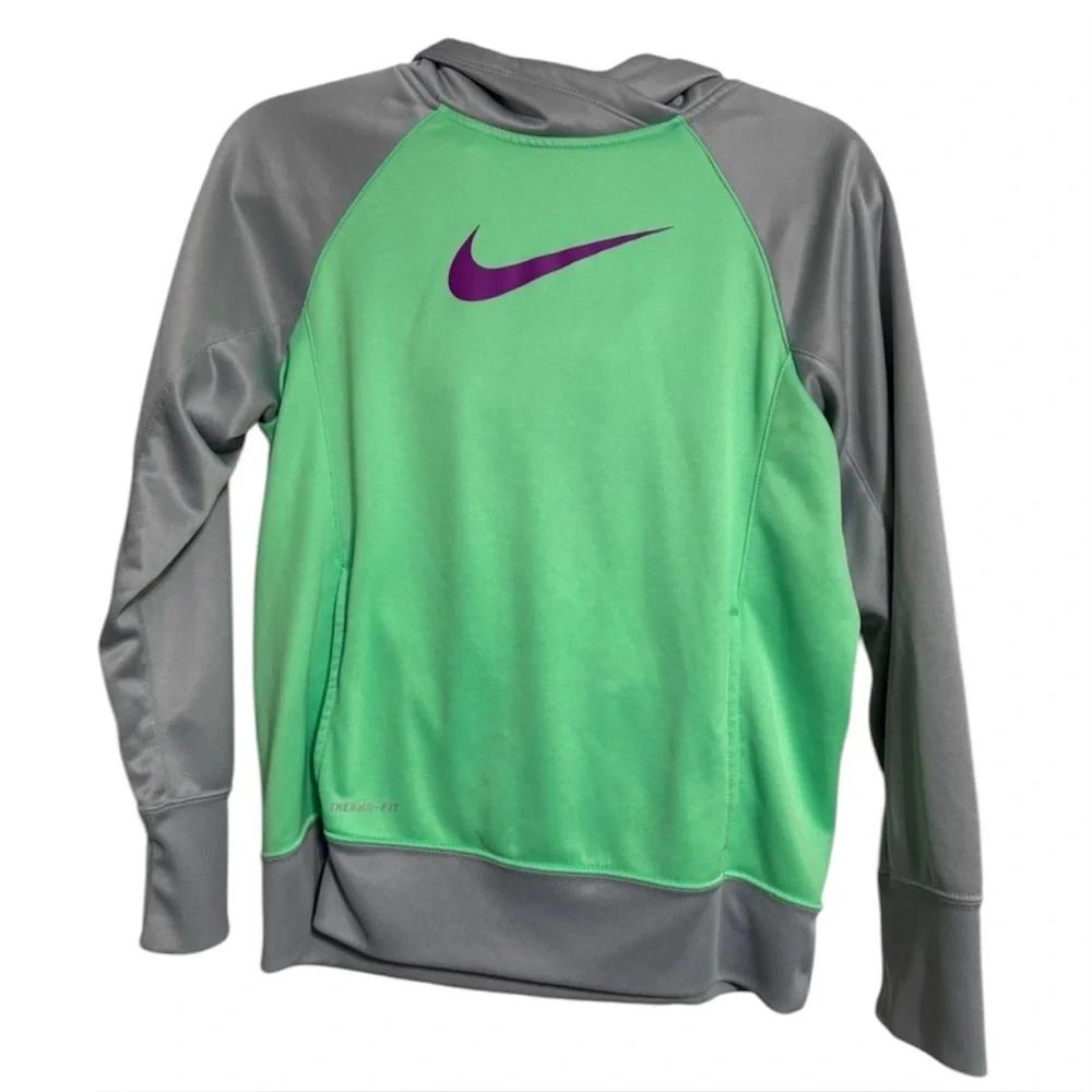 Nike Therma Girls Slate Gray & Neon Green Swoosh Hoodie Jacket Therma-Fit